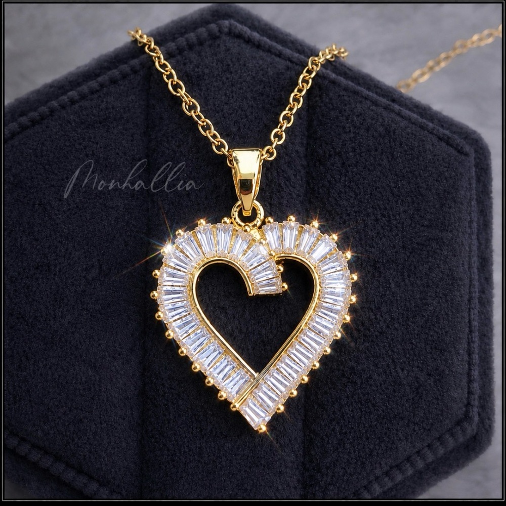 New 14k Gold Heart Simulated Diamond Baguette Statement Pendant Necklace